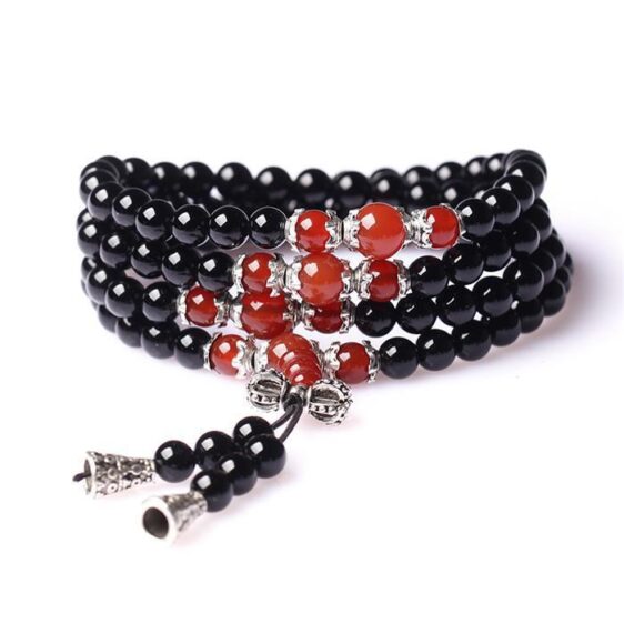 108 Black Onyx Stone & Red Agate Tibetan Bracelet Buddha Bracelet - Charm Bracelets - Chakra Galaxy