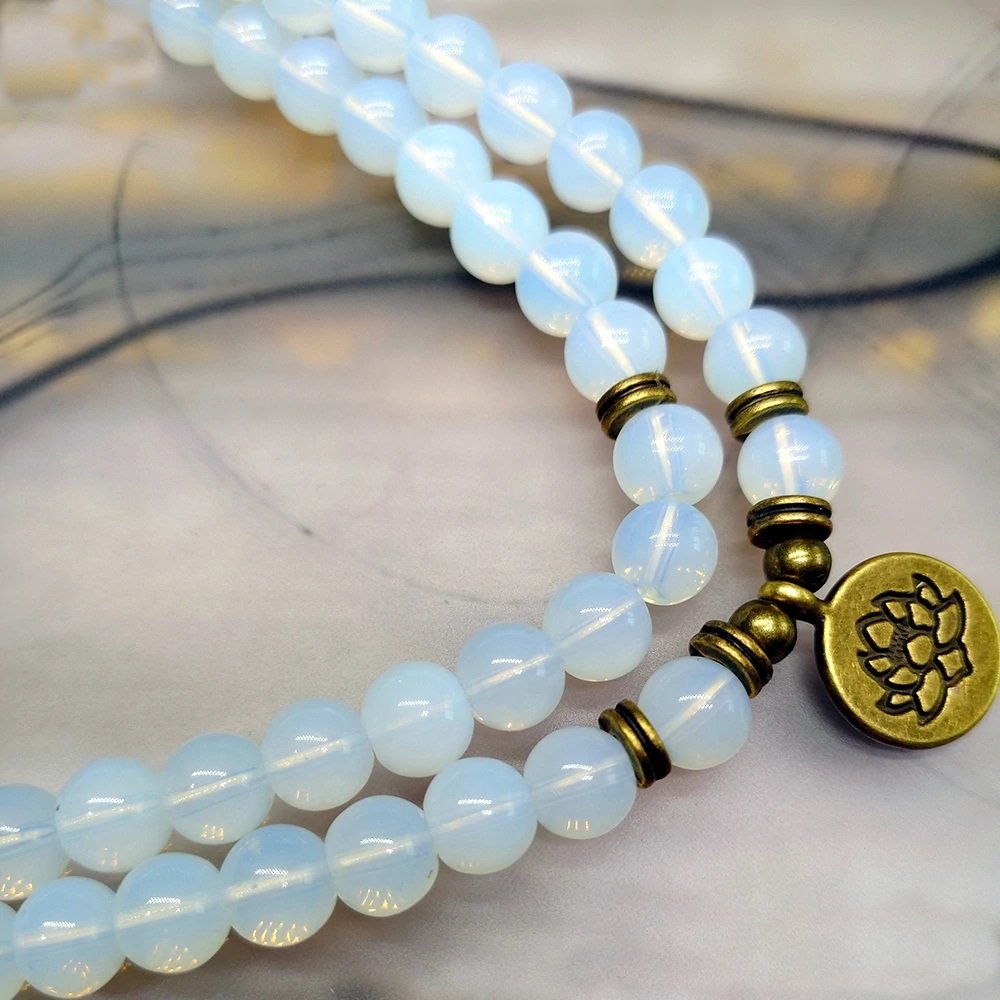 108 Mala Beads Pure Opal ite Lotus Buddha Charm Yoga Chakra Bracelet