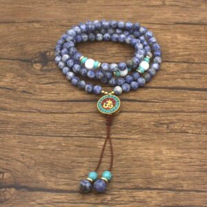 108 Natural Sodalite Stone Japamala Prayer Necklace OM Pendant - Chakra Necklace - Chakra Galaxy