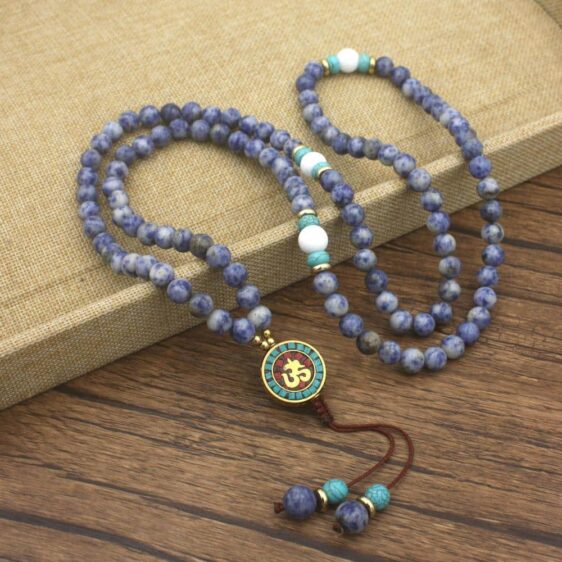 108 Natural Sodalite Stone Japamala Prayer Necklace OM Pendant - Chakra Necklace - Chakra Galaxy