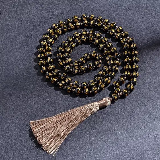 108 Six Words Mantra Black Obsidian Knotted Tibetan Japamala Beads - Pendants - Chakra Galaxy