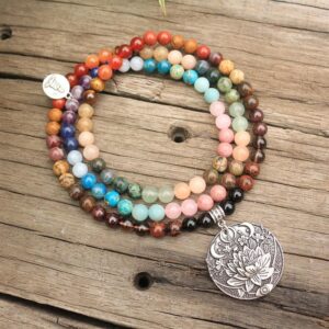 28 Colorful Stones 108 Japamala Beads Lotus Moon Chakra Necklace - Chakra Necklace - Chakra Galaxy