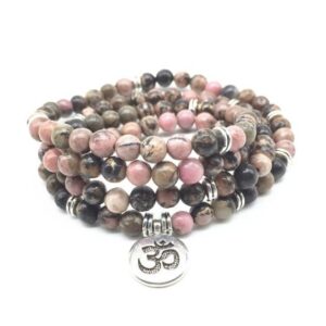 6mm Rhodonite Stone Beads OM Symbol Prayer Mala Bracelet - Charm Bracelets - Chakra Galaxy