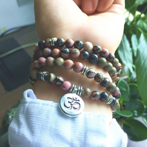 6mm Rhodonite Stone Beads OM Symbol Prayer Mala Bracelet - Charm Bracelets - Chakra Galaxy