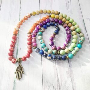 7 Chakra 108 Regalite Mala Beads Bracelet Brass Hamsa Yoga Charm - Charm Bracelets - Chakra Galaxy