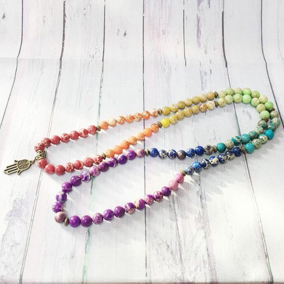 7 Chakra 108 Regalite Mala Beads Bracelet Brass Hamsa Yoga Charm - Charm Bracelets - Chakra Galaxy