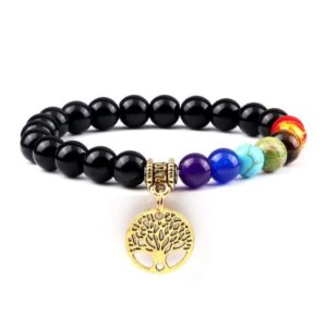 7 Chakra & Black Obsidian Stone Beads With Tree Of Life Yoga Bracelet - Charm Bracelets - Chakra Galaxy