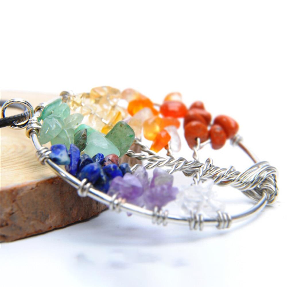 Natural Gemstone Tree of Life Pendant Necklace 7 Chakra Healing