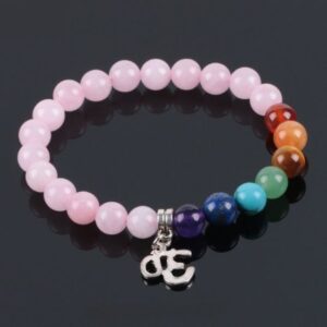 7 Chakra Natural Pink Crystal Quartz 8mm Stone Beads OM Mala Bracelet - Charm Bracelets - Chakra Galaxy