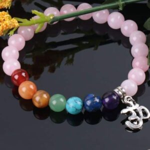 7 Chakra Natural Pink Crystal Quartz 8mm Stone Beads OM Mala Bracelet - Charm Bracelets - Chakra Galaxy
