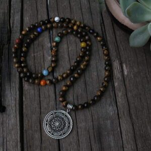 7 Chakra Necklace Japamala Natural Beads Tigers Eye & Lotus Pendant - Chakra Necklace - Chakra Galaxy