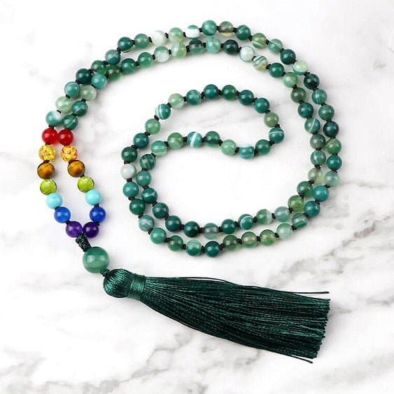 7 Chakra Reiki And Green Agates Stone Long Tassel Japamala Necklace - Pendants - Chakra Galaxy