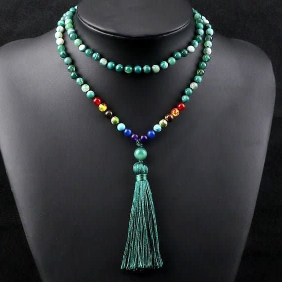 7 Chakra Reiki And Green Agates Stone Long Tassel Japamala Necklace - Pendants - Chakra Galaxy