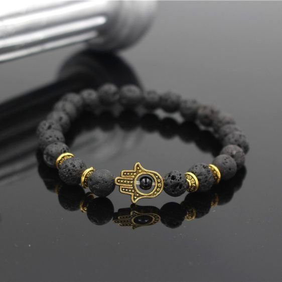 8mm Lava Stone Beads With Golden Hamsa Hand Chakra Bracelet - Charm Bracelets - Chakra Galaxy