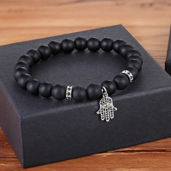 8mm Natural Matte Onyx Stone Beads With Hamsa Hand Pendant Bracelet - Charm Bracelets - Chakra Galaxy