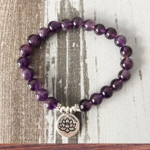 8mm Natural Stone Amethyst Beads Lotus Symbol Healing Bracelet - Charm Bracelets - Chakra Galaxy