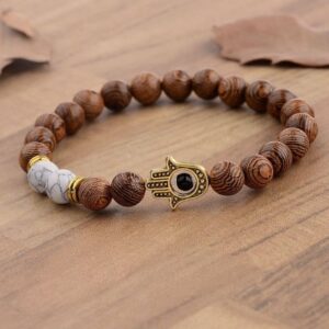 8mm Natural Wood Beads With Hamsa Hand Symbol Meditation Bracelet - Charm Bracelets - Chakra Galaxy