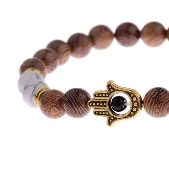8mm Natural Wood Beads With Hamsa Hand Symbol Meditation Bracelet - Charm Bracelets - Chakra Galaxy
