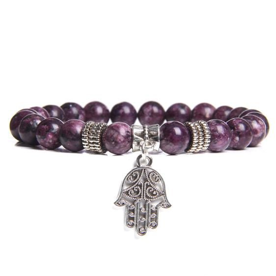 8mm Purple Jade Beads Hamsa Hand Pendant Buddha Bracelet - Charm Bracelets - Chakra Galaxy