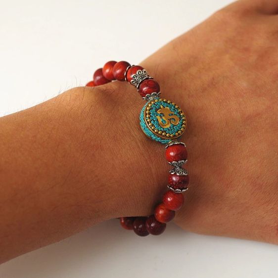8mm Red Wood Beads OM Prayer Symbol Tibetan Buddhist Bracelet - Charm Bracelets - Chakra Galaxy
