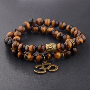 8mm Tiger's Eye Stone & Buddha Head Beads OM Pendant Prayer Bracelet - Charm Bracelets - Chakra Galaxy