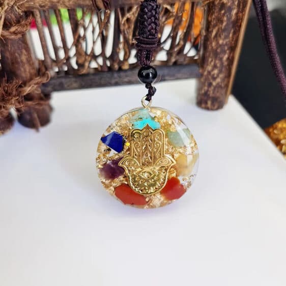 Resin Hand Of Fatima Hamsa Orgonite Pendant 7 Chakra Necklace