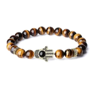 Tiger's Eye Stone Beads With Hamsa Hand Symbol Protection Bracelet