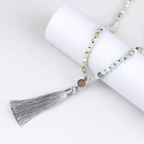 Amazonite Knotted Beads Bohemian Long Tassel Prayer Necklace - Pendants - Chakra Galaxy