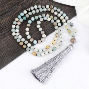 Amazonite Knotted Beads Bohemian Long Tassel Prayer Necklace - Pendants - Chakra Galaxy