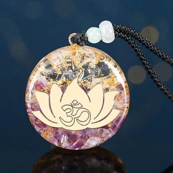 Amethyst And Gold Leaf Orgonite Lotus OM Logo Energy Amulet - Pendants - Chakra Galaxy