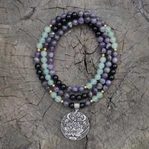 Amethyst Green Aventurine Black Onyx Lotus Pendant Japamala Necklace - Pendants - Chakra Galaxy
