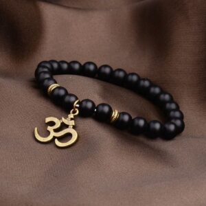 Black Agate Stone Beads With OM Symbol Charm Buddha Bracelet - Charm Bracelets - Chakra Galaxy
