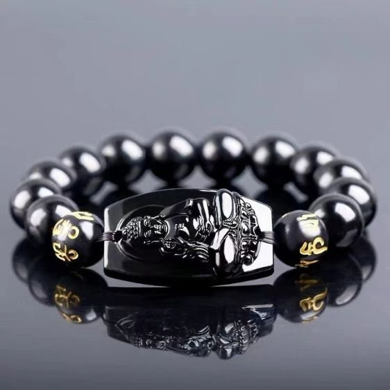 Black Obsidian Stone With Engraved Amitabha Buddhism Prayer Bracelet - Charm Bracelets - Chakra Galaxy
