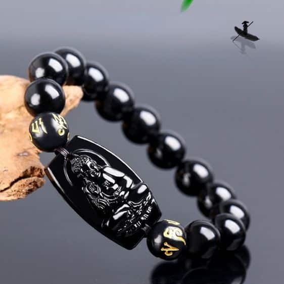 Black Obsidian Stone With Engraved Amitabha Buddhism Prayer Bracelet - Charm Bracelets - Chakra Galaxy