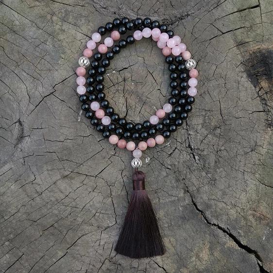 Black Onyx Rhodrochrosite And Rose Quartz Japamala Prayer Beads - Pendants - Chakra Galaxy