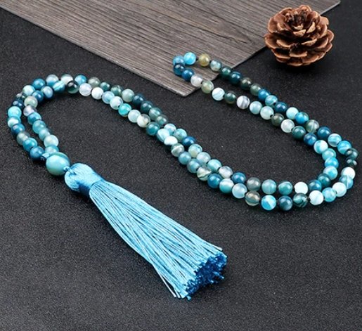 Blue Agates Stones 108 Japamala Beads Necklace With Tassel - Pendants - Chakra Galaxy