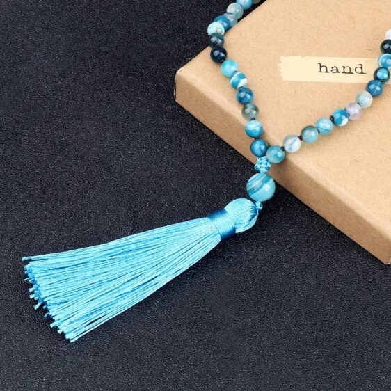 Blue Striped Agate Natural Stone Necklace With Long Tassel - Pendants - Chakra Galaxy