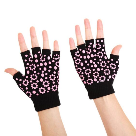 Dashing Jet Black with Fuchsia Pink Silica Gels Yoga Wrist Support Gloves - Yoga Gloves - Chakra Galaxy