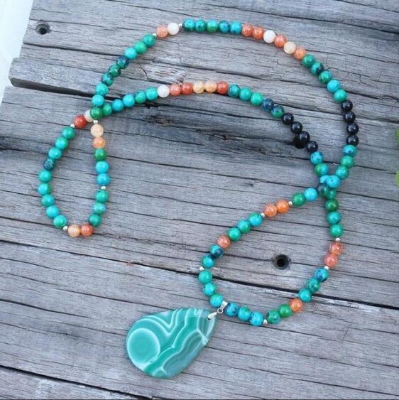 Dyed Azurite & Orange Onyx Chakra Necklace 108 Mala Beads 8MM - Chakra Necklace - Chakra Galaxy