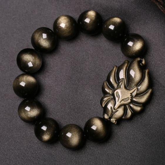 Gold Sheen Obsidian Beads With Nine-Tailed Fox Symbol Charm Bracelet - Charm Bracelets - Chakra Galaxy