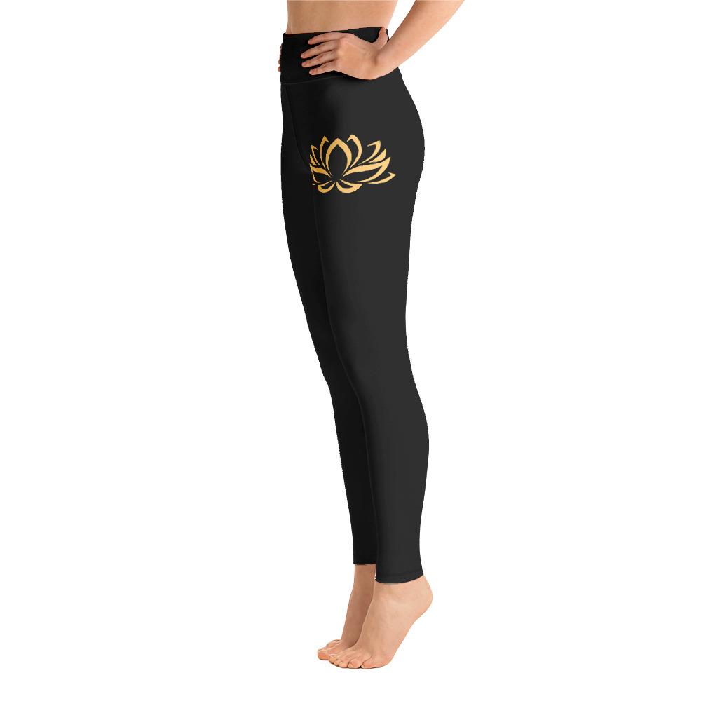 Golden Lotus Flower High Waist Leggings Black Yoga Pants