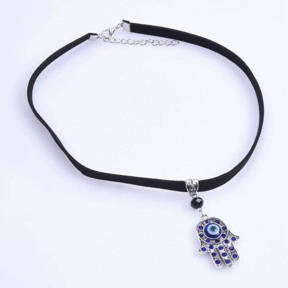 Gothic Blue Turkish Lucky Evil Eye Hamsa Hand Choker Necklace - Pendants - Chakra Galaxy