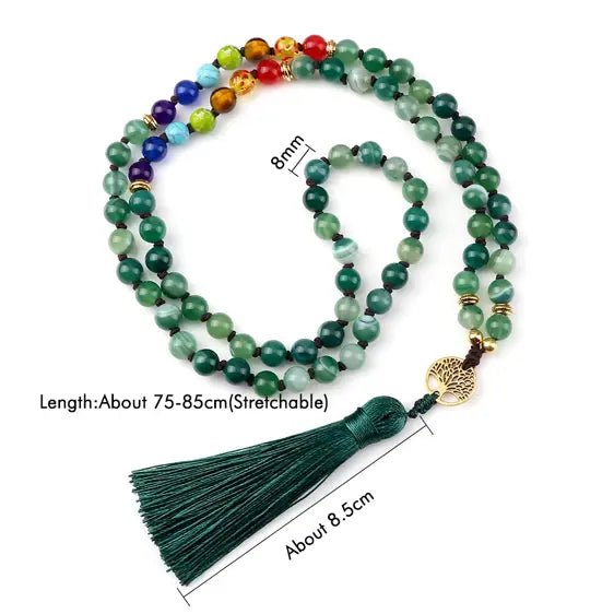 Green Agates And 7 Chakra Beads With Tree of Life Pendant Necklace - Pendants - Chakra Galaxy
