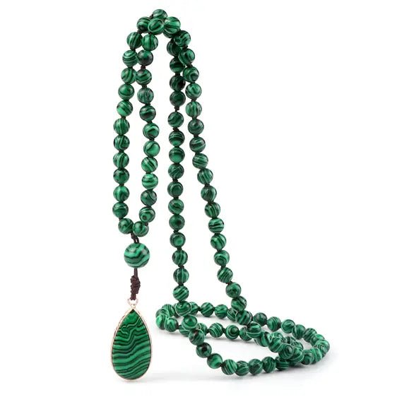 Green Malachite Stone Charm Beaded Mala Prayer Necklace - Pendants - Chakra Galaxy
