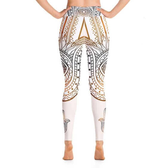 Hamsa Hand Ethnic Pattern Yoga Pants Beige High Waist Leggings - Yoga Leggings - Chakra Galaxy