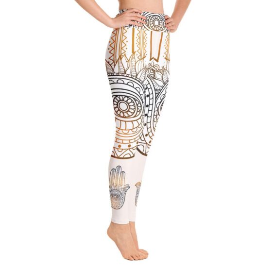 Hamsa Hand Ethnic Pattern Yoga Pants Beige High Waist Leggings - Yoga Leggings - Chakra Galaxy