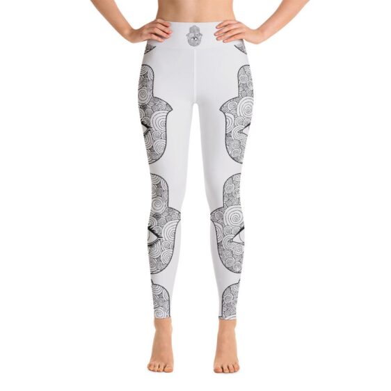Hamsa Hand Side Pattern High Waist Gray Yoga Pants Leggings - Yoga Leggings - Chakra Galaxy