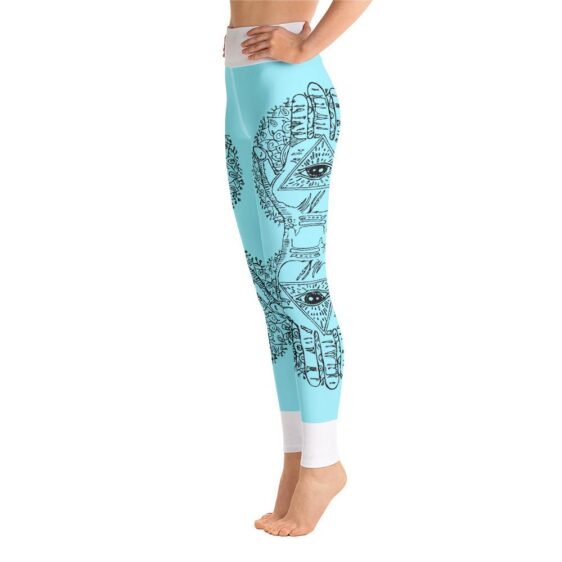 Hamsa Hand Tree High Waist Light Blue Yoga Pants Leggings - Yoga Leggings - Chakra Galaxy