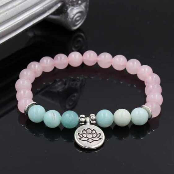 Handmade Pink Quartz & Amazonite Lotus Pendant Chakra Bracelet 19cm - Charm Bracelets - Chakra Galaxy
