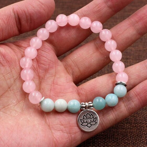 Handmade Pink Quartz & Amazonite Lotus Pendant Chakra Bracelet 19cm - Charm Bracelets - Chakra Galaxy
